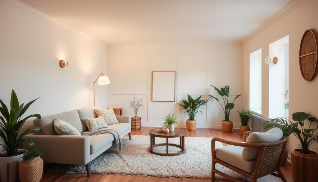 A cozy and inviting living room with a neutral color palette, featuring a comfortable sofa, a plush area rug, and a mix of natural textures like wood and woven accents. The space is filled with soft, warm lighting from a floor lamp and wall sconces, creating a serene and relaxing atmosphere. The room has a sense of openness and flow, with strategically placed furniture to maximize the available space. Potted plants and a few carefully chosen decorative pieces add a touch of greenery and personality to the room, making it feel both stylish and homely. A cozy and inviting living room with a neutral color palette, featuring a comfortable sofa, a plush area rug, and a mix of natural textures like wood and woven accents. The space is filled with soft, warm lighting from a floor lamp and wall sconces, creating a serene and relaxing atmosphere. The room has a sense of openness and flow, with strategically placed furniture to maximize the available space. Potted plants and a few carefully chosen decorative pieces add a touch of greenery and personality to the room, making it feel both stylish and homely.