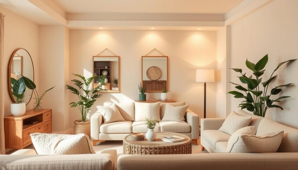 A cozy and inviting living room with a neutral color palette that creates a sense of spaciousness. Soft beige walls provide a warm backdrop, complemented by light wood furniture and accents. Strategically placed mirrors reflect light, enhancing the perception of depth. Subtle, ambient lighting casts a gentle glow, accentuating the clean lines and minimalist decor. Pops of greenery from potted plants and textured throw pillows add depth and texture. The overall aesthetic is one of calm, understated elegance, designed to visually expand the small space. A cozy and inviting living room with a neutral color palette that creates a sense of spaciousness. Soft beige walls provide a warm backdrop, complemented by light wood furniture and accents. Strategically placed mirrors reflect light, enhancing the perception of depth. Subtle, ambient lighting casts a gentle glow, accentuating the clean lines and minimalist decor. Pops of greenery from potted plants and textured throw pillows add depth and texture. The overall aesthetic is one of calm, understated elegance, designed to visually expand the small space.