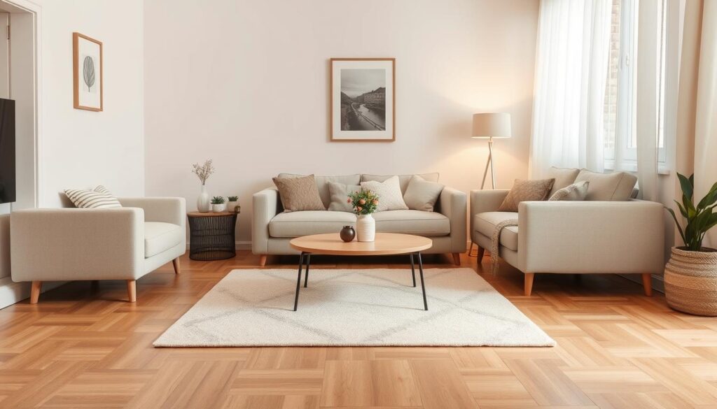 A cozy and inviting living room with a small, well-proportioned area rug that perfectly complements the neutral color palette. The rug features a subtle, abstract pattern that adds visual interest without overpowering the space. The lighting is soft and warm, creating a comfortable and welcoming atmosphere. The rug is placed centrally in the room, anchoring the furniture arrangement and enhancing the sense of harmony and balance. The overall design is tailored to the Brazilian audience, reflecting their preference for realistic and practical home decor solutions for compact living spaces. A cozy and inviting living room with a small, well-proportioned area rug that perfectly complements the neutral color palette. The rug features a subtle, abstract pattern that adds visual interest without overpowering the space. The lighting is soft and warm, creating a comfortable and welcoming atmosphere. The rug is placed centrally in the room, anchoring the furniture arrangement and enhancing the sense of harmony and balance. The overall design is tailored to the Brazilian audience, reflecting their preference for realistic and practical home decor solutions for compact living spaces.