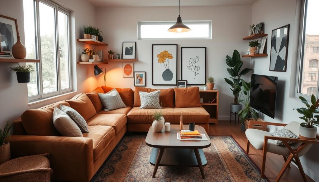 A cozy and inviting small living room with a contemporary Brazilian aesthetic. The space features a plush, L-shaped sectional sofa in a rich, earthy tone, accented by soft, textured throw pillows. A mid-century inspired coffee table with a sleek, wooden top sits atop a subtly patterned area rug. Decorative shelves line the walls, displaying an eclectic mix of potted plants, framed artwork, and personal trinkets. Soft, ambient lighting filters in from a pair of minimalist pendant lamps, casting a warm glow throughout the room. Large windows allow natural light to pour in, creating a bright and airy atmosphere. The room exudes a sense of comfort and personality, perfectly capturing the essence of a well-designed small living space. A cozy and inviting small living room with a contemporary Brazilian aesthetic. The space features a plush, L-shaped sectional sofa in a rich, earthy tone, accented by soft, textured throw pillows. A mid-century inspired coffee table with a sleek, wooden top sits atop a subtly patterned area rug. Decorative shelves line the walls, displaying an eclectic mix of potted plants, framed artwork, and personal trinkets. Soft, ambient lighting filters in from a pair of minimalist pendant lamps, casting a warm glow throughout the room. Large windows allow natural light to pour in, creating a bright and airy atmosphere. The room exudes a sense of comfort and personality, perfectly capturing the essence of a well-designed small living space.