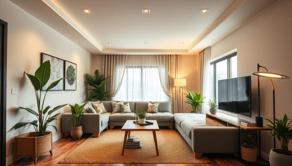 A cozy and inviting small living room with a contemporary Brazilian design aesthetic. Soft beige walls complemented by a plush gray sectional sofa and a jute area rug. Vibrant indoor plants add pops of greenery, while a wooden coffee table and a sleek TV unit create a harmonious focal point. Indirect lighting from recessed ceiling fixtures and a standing lamp casts a warm, ambient glow. Large windows allow natural light to flood the space, enhancing the airy and spacious feel. The overall atmosphere evokes a sense of comfort and relaxation, tailored to the preferences of a Brazilian homeowner. A cozy and inviting small living room with a contemporary Brazilian design aesthetic. Soft beige walls complemented by a plush gray sectional sofa and a jute area rug. Vibrant indoor plants add pops of greenery, while a wooden coffee table and a sleek TV unit create a harmonious focal point. Indirect lighting from recessed ceiling fixtures and a standing lamp casts a warm, ambient glow. Large windows allow natural light to flood the space, enhancing the airy and spacious feel. The overall atmosphere evokes a sense of comfort and relaxation, tailored to the preferences of a Brazilian homeowner.