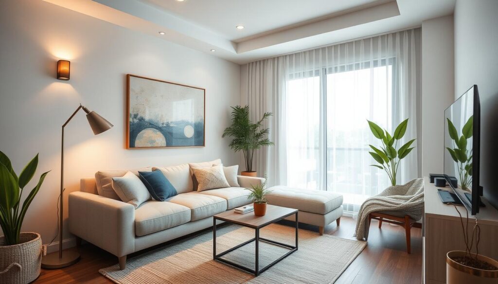 A cozy and inviting small living room with a modern yet comfortable aesthetic. The room features a plush L-shaped sofa in a neutral tone, complemented by a minimalist coffee table with clean lines. Soft ambient lighting from a floor lamp and wall sconces creates a warm, relaxing atmosphere. Tasteful wall decor, such as a large abstract painting or a gallery wall, adds visual interest. The room is flooded with natural light through a large window, highlighting the room's airy and spacious feel despite its compact size. Potted plants and natural textiles like throw pillows and a rug add organic touches, blending seamlessly with the contemporary design. A cozy and inviting small living room with a modern yet comfortable aesthetic. The room features a plush L-shaped sofa in a neutral tone, complemented by a minimalist coffee table with clean lines. Soft ambient lighting from a floor lamp and wall sconces creates a warm, relaxing atmosphere. Tasteful wall decor, such as a large abstract painting or a gallery wall, adds visual interest. The room is flooded with natural light through a large window, highlighting the room's airy and spacious feel despite its compact size. Potted plants and natural textiles like throw pillows and a rug add organic touches, blending seamlessly with the contemporary design.