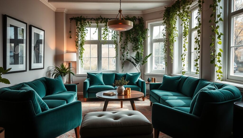 A cozy and inviting small living room with ample natural light streaming through large windows. Plush velvet sofas in a deep, rich shade of emerald green provide ample seating for guests, complemented by a mid-century modern coffee table and a pair of sleek, minimalist armchairs. The walls are adorned with framed artwork and lush, trailing greenery, creating a warm and sophisticated ambiance. Soft, indirect lighting from a statement pendant fixture casts a gentle glow, accentuating the room's elegant yet intimate atmosphere. The overall composition effortlessly balances form and function, resulting in a visually captivating and eminently livable space. A cozy and inviting small living room with ample natural light streaming through large windows. Plush velvet sofas in a deep, rich shade of emerald green provide ample seating for guests, complemented by a mid-century modern coffee table and a pair of sleek, minimalist armchairs. The walls are adorned with framed artwork and lush, trailing greenery, creating a warm and sophisticated ambiance. Soft, indirect lighting from a statement pendant fixture casts a gentle glow, accentuating the room's elegant yet intimate atmosphere. The overall composition effortlessly balances form and function, resulting in a visually captivating and eminently livable space.
