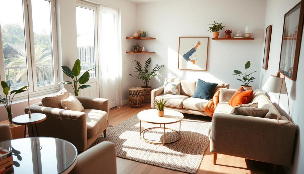 A cozy and inviting small living room with natural light streaming in through large windows. Plush, neutral-toned furniture arranged to maximize the limited space, complemented by subtle pops of color in the accessories. Carefully curated decor elements, such as wall shelves, potted plants, and a statement piece of artwork, create a harmonious and visually balanced composition. The room exudes a warm, relaxed atmosphere, perfect for intimate gatherings or quiet moments of relaxation, capturing the essence of comfortable, space-efficient living for the Brazilian audience. A cozy and inviting small living room with natural light streaming in through large windows. Plush, neutral-toned furniture arranged to maximize the limited space, complemented by subtle pops of color in the accessories. Carefully curated decor elements, such as wall shelves, potted plants, and a statement piece of artwork, create a harmonious and visually balanced composition. The room exudes a warm, relaxed atmosphere, perfect for intimate gatherings or quiet moments of relaxation, capturing the essence of comfortable, space-efficient living for the Brazilian audience.