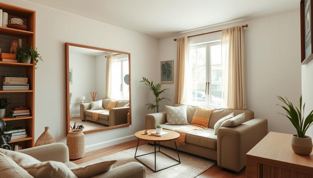 A cozy and well-lit small living room with a strategically placed mirror on the wall, creating the illusion of a larger, more expansive space. The mirror is positioned to reflect natural light from the window, further enhancing the sense of depth and openness. The room features warm, neutral tones, with a mix of natural materials like wood and textiles, creating a harmonious and inviting atmosphere. The layout is designed to optimize the available space, with clean lines and minimal clutter, making the most of the compact area. The overall impression is one of a charming and functional living space, perfectly suited for a Brazilian audience seeking smart decorating solutions for their own small homes. A cozy and well-lit small living room with a strategically placed mirror on the wall, creating the illusion of a larger, more expansive space. The mirror is positioned to reflect natural light from the window, further enhancing the sense of depth and openness. The room features warm, neutral tones, with a mix of natural materials like wood and textiles, creating a harmonious and inviting atmosphere. The layout is designed to optimize the available space, with clean lines and minimal clutter, making the most of the compact area. The overall impression is one of a charming and functional living space, perfectly suited for a Brazilian audience seeking smart decorating solutions for their own small homes.