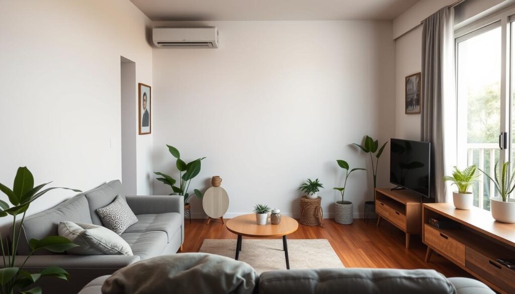 A cozy and well-planned Brazilian living room with a compact layout. The room features a minimalist sofa, a small coffee table, and a wall-mounted TV, all arranged in a harmonious and functional manner. Natural light streams in through a large window, illuminating the neutral-toned walls and hardwood floors. Potted plants and a few carefully selected decorative pieces add a touch of warmth and personality to the space. The overall atmosphere is one of tranquility and efficiency, reflecting the needs of a small urban apartment. A cozy and well-planned Brazilian living room with a compact layout. The room features a minimalist sofa, a small coffee table, and a wall-mounted TV, all arranged in a harmonious and functional manner. Natural light streams in through a large window, illuminating the neutral-toned walls and hardwood floors. Potted plants and a few carefully selected decorative pieces add a touch of warmth and personality to the space. The overall atmosphere is one of tranquility and efficiency, reflecting the needs of a small urban apartment.
