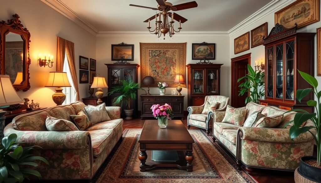 Uma sala de estar aconchegante e convidativa em estilo grandmillennial tradicional brasileiro. Sofás e poltronas exuberantes e estofados com motivos florais, dispostos ao redor de uma mesa de centro de madeira. Espelhos ornamentados e dourados e luminárias vintage adornam as paredes, criando um ambiente aconchegante e acolhedor. Colchas elegantes costuradas à mão e tapeçarias bordadas adicionam camadas de textura e história. Armários e prateleiras de madeira antigos exibem valiosas relíquias de família e itens colecionáveis. Vasos de plantas exuberantes e verdejantes e tapetes de fibra natural conferem ao espaço um charme rústico e vivido. A atmosfera geral evoca uma sensação de elegância atemporal e nostálgica que honra a rica herança cultural do Brasil.