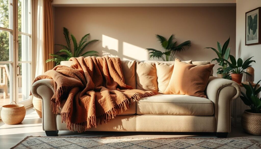 A cozy living room scene, bathed in warm, ambient lighting. In the center, a plush sofa adorned with a meticulously draped, richly textured wool blanket in earthy tones, complementing the surrounding decor. The blanket cascades elegantly over the sofa's arms, creating a inviting, comfortable look. Strategically placed accent pillows in complementary hues add depth and visual interest. Soft, natural light filters in through large windows, casting a gentle glow over the entire space. Potted plants and subtle wall art add the finishing touches to this serene, sophisticated living area, perfect for cozy Brazilian evenings.