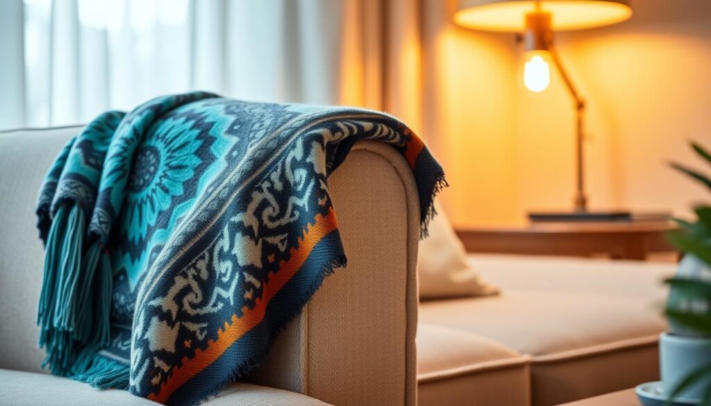 A cozy living room scene with a decorative throw blanket draped over a plush sofa. The blanket features a vibrant, intricate pattern in shades of teal, ochre, and charcoal, complementing the neutral tones of the sofa and surrounding decor. Warm, diffused lighting from a nearby floor lamp casts a gentle glow, creating a welcoming and inviting atmosphere. The scene is captured from a slightly elevated angle, showcasing the luxurious texture and softness of the blanket as it cascades over the sofa's armrest. The overall composition emphasizes the decorative element of the throw, highlighting its ability to elevate the visual appeal and coziness of the living space.