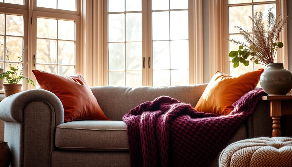 A cozy living room with a plush, gray sofa draped in a soft, knitted burgundy throw blanket. Warm, natural lighting filters through large windows, casting a golden glow across the scene. Decorative pillows in complementary shades of red and mustard add pops of color, while a wooden side table holds a potted plant and a decorative ceramic vase. The overall atmosphere is inviting, relaxed, and perfectly suited for a cozy afternoon of reading or entertaining.