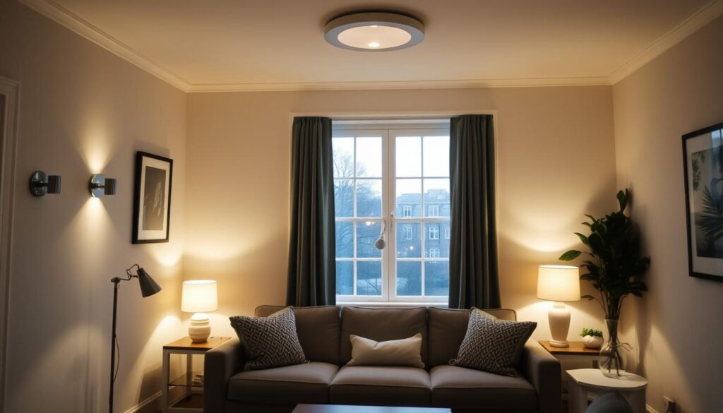 A cozy living room with strategically placed lighting to create an illusion of spaciousness. Soft, warm light emanates from a recessed ceiling fixture, casting a gentle glow across the room. Subtle wall sconces flank a large, inviting window, accentuating the depth and breadth of the space. Carefully positioned task lamps on side tables provide focused illumination, while a central floor lamp casts a diffused, ambient light. The overall lighting scheme seamlessly blends form and function, elevating the modest dimensions of the room and evoking a sense of comfort and serenity. A cozy living room with strategically placed lighting to create an illusion of spaciousness. Soft, warm light emanates from a recessed ceiling fixture, casting a gentle glow across the room. Subtle wall sconces flank a large, inviting window, accentuating the depth and breadth of the space. Carefully positioned task lamps on side tables provide focused illumination, while a central floor lamp casts a diffused, ambient light. The overall lighting scheme seamlessly blends form and function, elevating the modest dimensions of the room and evoking a sense of comfort and serenity.