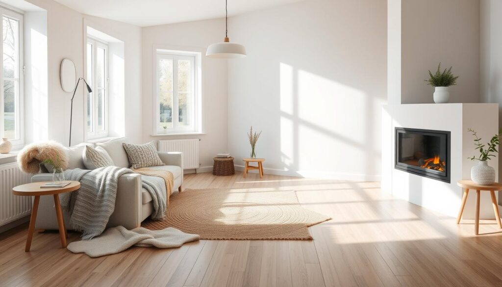 A cozy, minimalist Nordic-inspired living room with natural light streaming in through large windows. Featuring a clean, muted color palette of whites, grays, and light wood tones. Prominent textures include smooth oak floors, plush wool throws, and woven jute rugs. Accent pieces include a sleek white fireplace, a modern pendant light, and a potted plant on a simple wooden side table. The scene conveys a sense of calm, hygge, and Scandinavian design principles of form, function, and a connection to nature. A cozy, minimalist Nordic-inspired living room with natural light streaming in through large windows. Featuring a clean, muted color palette of whites, grays, and light wood tones. Prominent textures include smooth oak floors, plush wool throws, and woven jute rugs. Accent pieces include a sleek white fireplace, a modern pendant light, and a potted plant on a simple wooden side table. The scene conveys a sense of calm, hygge, and Scandinavian design principles of form, function, and a connection to nature.
