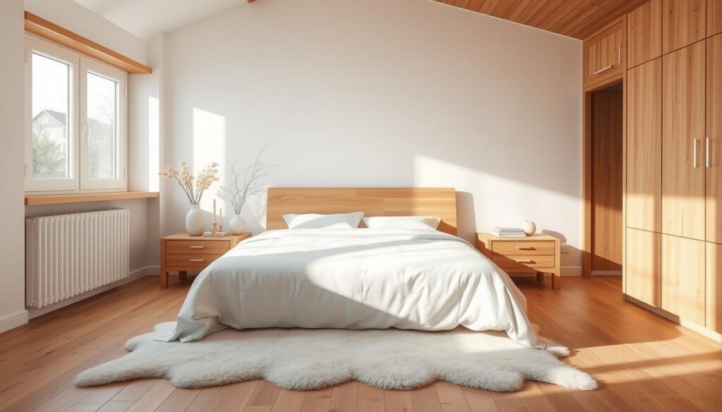 A cozy, minimalist Scandinavian bedroom with warm wooden tones and natural textures. A large, inviting bed with crisp white bedding sits in the foreground, flanked by simple nightstands. Soft, diffused lighting from a large window illuminates the space, casting gentle shadows. Subtle Scandinavian-inspired decor, such as a sheepskin rug and a vase of fresh flowers, add thoughtful accents. The background features clean white walls and hardwood floors, creating a serene, harmonious atmosphere. The overall impression is one of tranquility, comfort, and elegant simplicity.