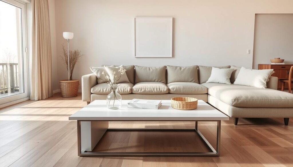 A cozy, minimalist Scandinavian-style living room with a large, inviting sofa, wooden floors, and neutral-toned walls. Sunlight pours in through a large window, casting a warm glow over the space. A sleek, modern coffee table sits in the foreground, with a few carefully curated decorative items, such as a vase of fresh flowers and a woven basket. In the background, a simple, white-framed piece of art hangs on the wall, complementing the overall clean and serene aesthetic. The room exudes a sense of tranquility and understated elegance, reflecting the hallmarks of Scandinavian design. A cozy, minimalist Scandinavian-style living room with a large, inviting sofa, wooden floors, and neutral-toned walls. Sunlight pours in through a large window, casting a warm glow over the space. A sleek, modern coffee table sits in the foreground, with a few carefully curated decorative items, such as a vase of fresh flowers and a woven basket. In the background, a simple, white-framed piece of art hangs on the wall, complementing the overall clean and serene aesthetic. The room exudes a sense of tranquility and understated elegance, reflecting the hallmarks of Scandinavian design.