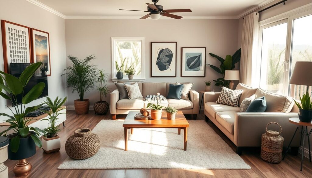 A cozy, well-decorated living room in a Brazilian home. Warm, natural lighting filters through large windows, casting a soft glow on the meticulously curated furnishings. A plush, neutral-toned sofa anchors the space, surrounded by a mix of modern and rustic decor elements - a wooden coffee table, potted plants, and artfully arranged throw pillows. The walls are adorned with framed artwork, adding pops of color and personality. Elegant, yet inviting, the room exudes a sense of balance and comfort, perfectly capturing the essence of a beautifully designed Brazilian living space. A cozy, well-decorated living room in a Brazilian home. Warm, natural lighting filters through large windows, casting a soft glow on the meticulously curated furnishings. A plush, neutral-toned sofa anchors the space, surrounded by a mix of modern and rustic decor elements - a wooden coffee table, potted plants, and artfully arranged throw pillows. The walls are adorned with framed artwork, adding pops of color and personality. Elegant, yet inviting, the room exudes a sense of balance and comfort, perfectly capturing the essence of a beautifully designed Brazilian living space.