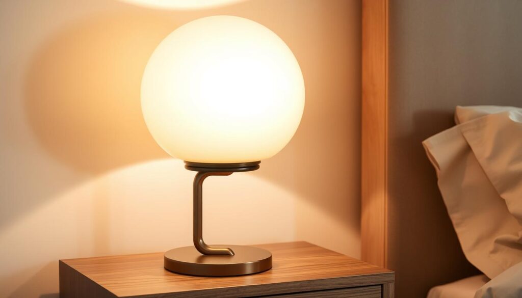 A high-quality table lamp with a sleek, modern design. A solid metal base in a rich, dark finish supports a large, rounded glass or ceramic shade in a neutral tone. The lamp emits a warm, ambient glow, casting a soft, diffused light that illuminates the surrounding space. The overall aesthetic is sophisticated and elegant, with clean lines and a minimalist style that would complement a variety of bedroom decor. The lamp is placed on a wooden side table or nightstand, adding a touch of luxury and sophistication to the room.