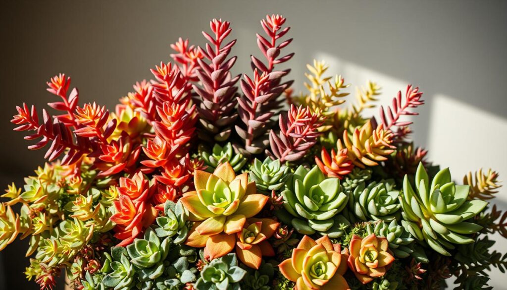 Um arranjo exuberante de suculentas vibrantes prosperando na luz suave e filtrada de um ambiente interno. As plantas são exibidas contra um fundo de tons naturais suaves, criando uma atmosfera harmoniosa e serena. As folhas das suculentas caem graciosamente em cascata, com suas texturas intrincadas e tons vibrantes chamando a atenção. A iluminação é difusa, projetando sombras suaves que acentuam as qualidades dimensionais das plantas. A composição geral é equilibrada e visualmente atraente, capturando a beleza e a versatilidade dessas espécies resilientes e adaptadas à baixa luminosidade. Um verdadeiro oásis de vegetação exuberante que elevaria qualquer casa ou apartamento brasileiro.
