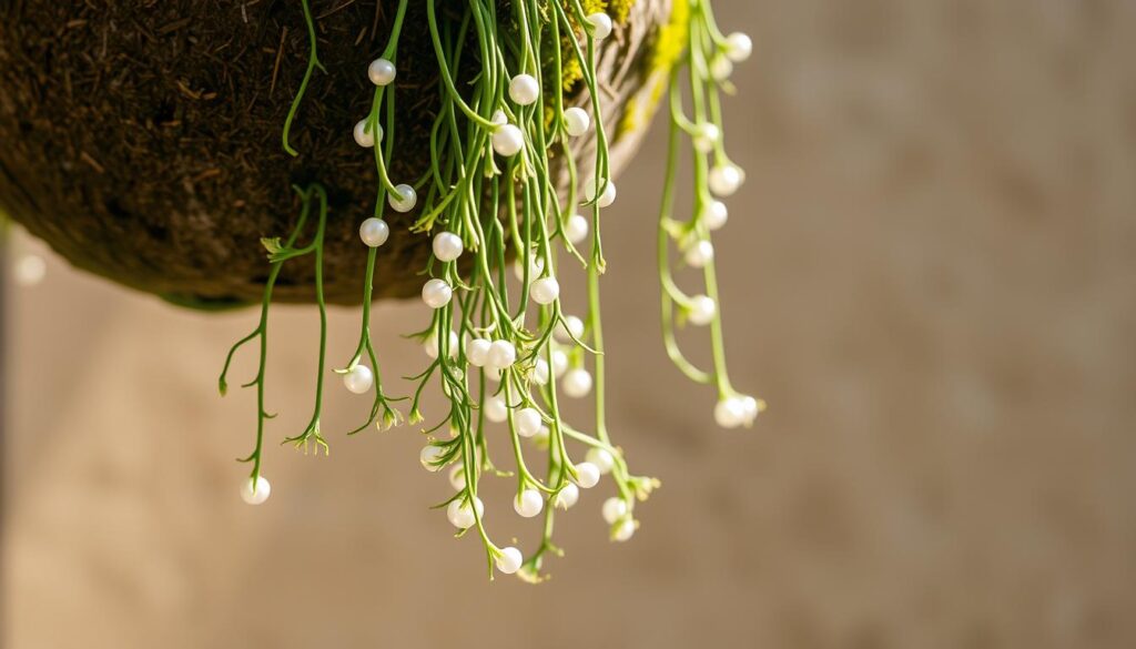 A lush, hanging succulent plant gracefully cascading from a moss-covered stone planter, its slender leaves and delicate stems adorned with clusters of iridescent pearls, creating a mesmerizing, ethereal composition that emanates a serene, enchanting atmosphere. The image is captured with a shallow depth of field, emphasizing the soft, luminous quality of the pearls and the plant's delicate form, bathed in warm, diffused natural lighting that casts gentle shadows, showcasing the plant's elegant, sculptural silhouette against a muted, neutral background.