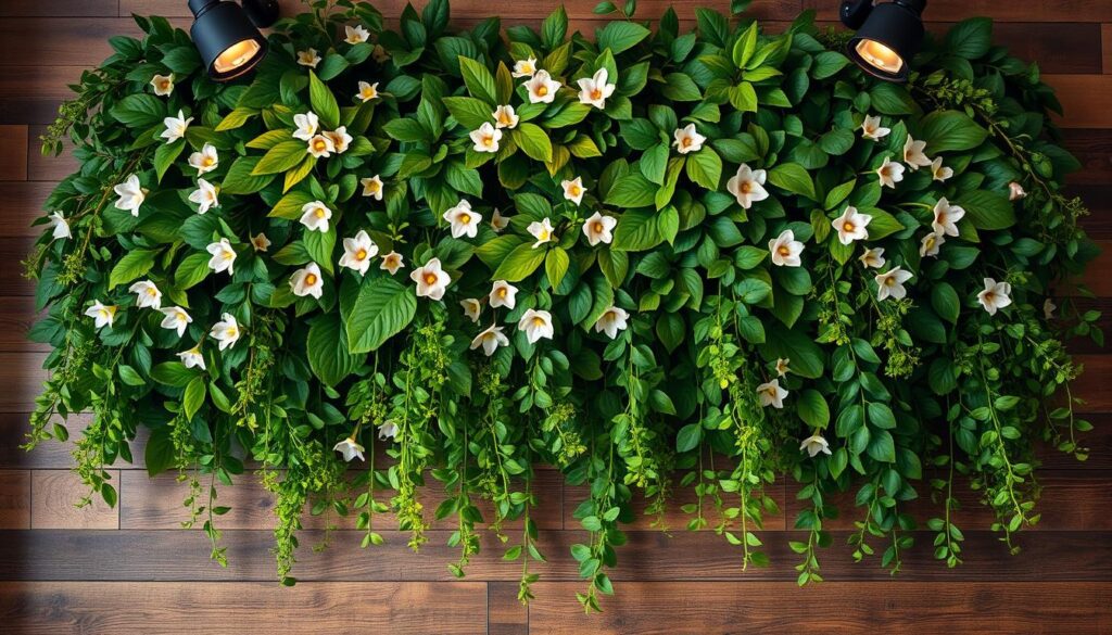 A lush, natural arrangement of diverse artificial plants cascading across a rustic, wood-paneled wall. Vibrant leaves of varying shades of green, accented by delicate flowers in soft hues, create a harmonious, organic display. Strategically positioned spotlights cast warm, diffused lighting, highlighting the textures and shadows to achieve a captivating, lifelike ambiance. The arrangement is balanced and visually striking, seamlessly blending the artificial foliage with the raw, earthy tones of the wooden backdrop, evoking a sense of tranquility and bringing the outdoors in. The overall scene exudes a sophisticated, yet inviting atmosphere, perfect for elevating the Brazilian home interior. A lush, natural arrangement of diverse artificial plants cascading across a rustic, wood-paneled wall. Vibrant leaves of varying shades of green, accented by delicate flowers in soft hues, create a harmonious, organic display. Strategically positioned spotlights cast warm, diffused lighting, highlighting the textures and shadows to achieve a captivating, lifelike ambiance. The arrangement is balanced and visually striking, seamlessly blending the artificial foliage with the raw, earthy tones of the wooden backdrop, evoking a sense of tranquility and bringing the outdoors in. The overall scene exudes a sophisticated, yet inviting atmosphere, perfect for elevating the Brazilian home interior.