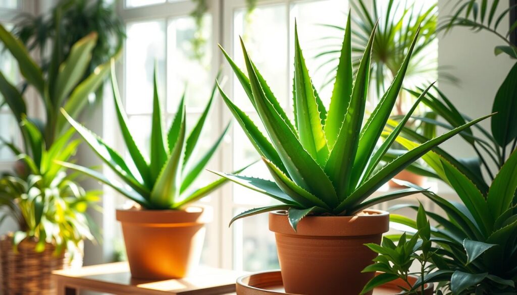 A lush, potted aloe vera plant in a bright, airy room with natural light streaming in through large windows. The succulent's thick, fleshy leaves radiate a vibrant green hue, their distinct serrated edges casting intricate shadows on the terracotta pot. The plant is positioned prominently on a wooden side table, surrounded by other lush, tropical foliage and décor, creating a welcoming, nature-inspired ambiance. The overall scene conveys the aloe vera's versatility as a hardy, low-maintenance houseplant that can enhance the beauty and tranquility of any Brazilian home.