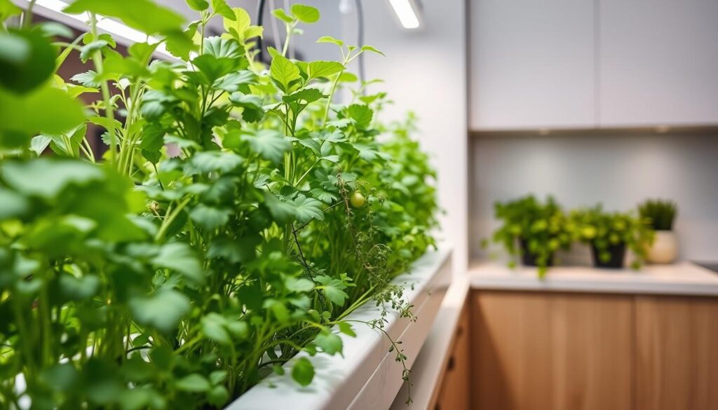 Um jardim hidropônico exuberante e verdejante prospera na cozinha, com sua folhagem vibrante iluminada por uma luz suave e difusa. Folhas verdes e ervas aromáticas balançam suavemente, com caules e folhas intrincadamente detalhados, revelando o funcionamento complexo de um ecossistema interno autossustentável. O design elegante e minimalista do sistema hidropônico combina perfeitamente com a cozinha moderna, com suas linhas limpas e superfícies polidas refletindo a beleza natural das plantas. A cena exala uma sensação de tranquilidade e autossuficiência, convidando o observador a imaginar os ingredientes saborosos e cultivados em casa que em breve enfeitarão a mesa.