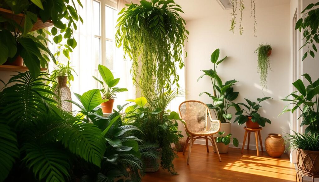 A lush, verdant indoor sanctuary, bathed in warm, natural light. Vibrant leafy plants cascade from shelves and windowsills, their verdant hues reflecting off gleaming hardwood floors. Sunlight filters through sheer curtains, casting a soft, ethereal glow over the serene space. Potted ferns, monstera, and philodendrons fill the foreground, their broad foliage and trailing vines creating a sense of peaceful abundance. In the middle ground, a cane chair and decorative ceramic planter add touches of rustic charm, while the background reveals a minimalist, white-walled room, allowing the greenery to take center stage. The overall atmosphere conveys a tranquil, rejuvenating ambiance - a verdant oasis that nourishes the senses and uplifts the spirit.