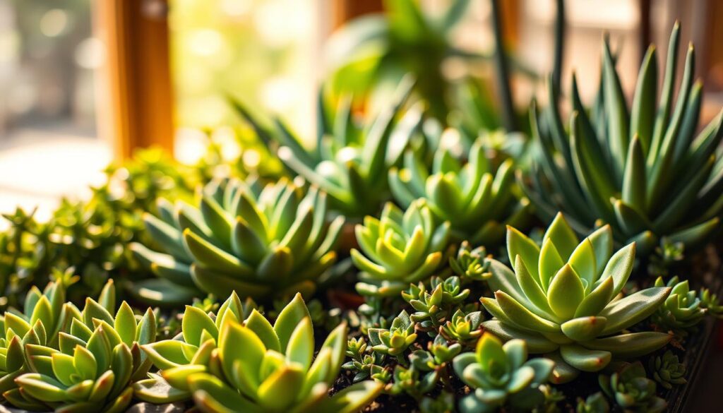 A lush, verdant terrarium filled with thriving succulents in varying shades of green, set against a backdrop of warm, diffused lighting. The foreground showcases a cluster of echeveria and jade plants, their leaves gently curving and overlapping, creating a visually striking composition. The middle ground features a mix of aloe vera and gasteria, their unique textures and shapes adding depth and interest to the scene. In the background, a soft, hazy blur suggests a well-lit indoor space, perhaps a sun-dappled window or a sheltered patio, creating a serene and inviting atmosphere. The lighting is carefully balanced, with a gentle, natural-looking illumination that enhances the vibrant colors and textures of the succulents, conveying a sense of healthy, thriving growth.