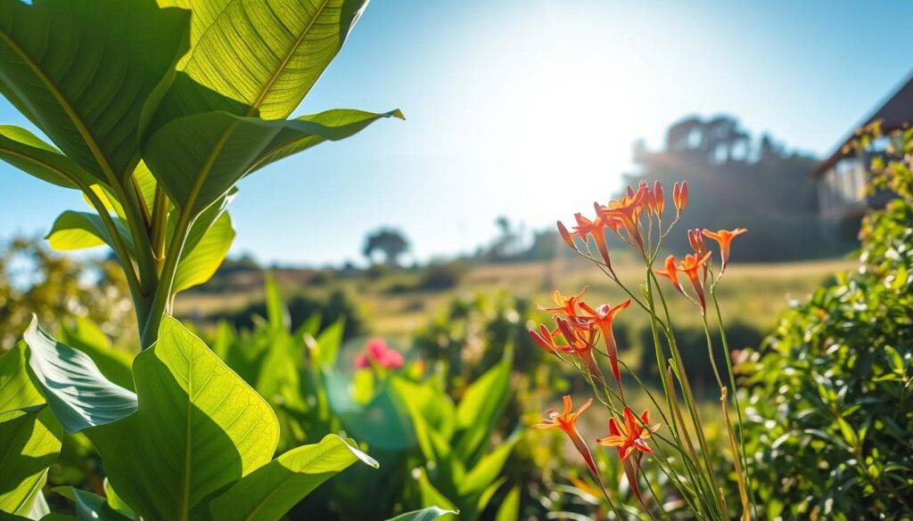 A lush, vibrant garden scene showcasing two distinct plant species thriving in direct sunlight. In the foreground, a verdant, broad-leafed tropical plant with large, glossy foliage stands tall, its leaves gently swaying in a soft breeze. In the middle ground, a cluster of slender, delicate flowers in vivid hues stretch towards the sun, their petals catching the warm, golden light. The background features a serene, sun-dappled landscape, with a clear blue sky overhead. The overall composition exudes a sense of harmony and natural beauty, perfectly capturing the essence of "Clima conta: espécies para sol pleno e para meia-sombra".