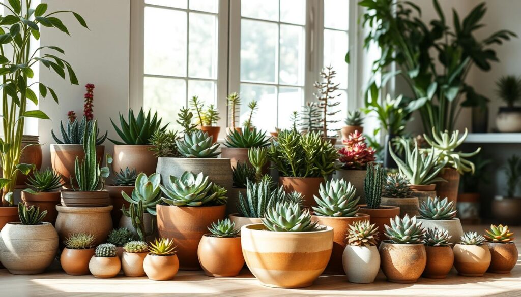 A lush, well-lit indoor scene featuring an assortment of ceramic planters and potted succulents arranged in a pleasing, harmonious composition. The planters range in shape and size, some round, others rectangular, in a variety of earthy tones. The succulents themselves display a vibrant array of colors, textures, and growth patterns, creating a visually captivating display. Diffused natural light filters in through large windows, casting a warm, inviting glow over the scene. The overall mood is one of tranquility and organic beauty, perfectly suited to illustrate an article on cultivating and decorating with shade-loving succulents in the Brazilian home.