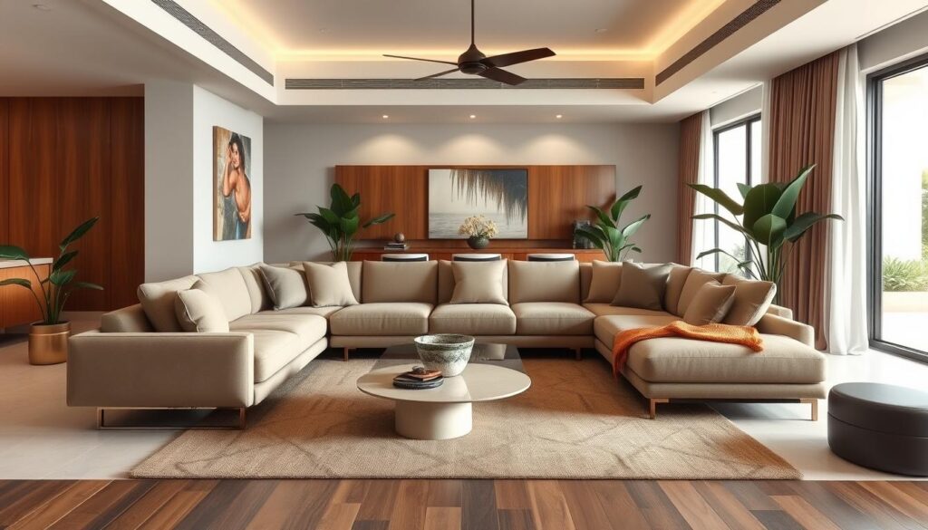 A luxurious Brazilian living room showcases a stunning island sofa, its sleek lines and plush upholstery commanding attention. The careful placement of the sofa, angled to create a cozy conversation area, is marred by common design missteps - the sofa is too small for the space, creating an awkward, disconnected feel, and the orientation is off, disrupting the flow of the room. Vibrant tropical plants, warm wood tones, and a neutral color palette set the mood, but the overall layout feels unbalanced and uninviting. Soft, diffused lighting highlights the sofa's form, but fails to create an atmosphere of comfort and relaxation. This image serves as a cautionary tale, demonstrating the importance of thoughtful planning and execution when incorporating an island sofa into a Brazilian living room design. Uma luxuosa sala de estar brasileira exibe um deslumbrante sofá ilha, com suas linhas elegantes e estofamento luxuoso que chamam a atenção. O posicionamento cuidadoso do sofá, inclinado para criar uma área de conversa aconchegante, é prejudicado por erros comuns de design – o sofá é pequeno demais para o espaço, criando uma sensação estranha e desconectada, e a orientação está errada, interrompendo o fluxo do ambiente. Plantas tropicais vibrantes, tons quentes de madeira e uma paleta de cores neutras criam o clima, mas o layout geral parece desequilibrado e pouco convidativo. A iluminação suave e difusa destaca a forma do sofá, mas não consegue criar uma atmosfera de conforto e relaxamento. Esta imagem serve como um alerta, demonstrando a importância de um planejamento e execução cuidadosos ao incorporar um sofá ilha em um projeto de sala de estar brasileira.