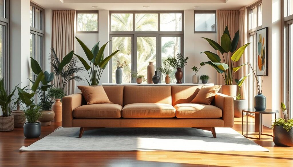 A luxurious and contemporary Brazilian living room scene, featuring a chic island-style sofa in the center. The sofa is upholstered in a rich, textured fabric with clean lines and a low profile, complemented by sleek wooden legs. Bright natural light filters in through large windows, casting a warm glow across the space. Surrounding the sofa are a mix of potted plants, decorative vases, and minimalist side tables, creating a serene and harmonious atmosphere. The floors are covered in a polished hardwood, adding to the refined yet cozy ambiance. The overall composition highlights the versatility and modern appeal of the island sofa design, making it a visually striking and practical centerpiece for this welcoming Brazilian living room. A luxurious and contemporary Brazilian living room scene, featuring a chic island-style sofa in the center. The sofa is upholstered in a rich, textured fabric with clean lines and a low profile, complemented by sleek wooden legs. Bright natural light filters in through large windows, casting a warm glow across the space. Surrounding the sofa are a mix of potted plants, decorative vases, and minimalist side tables, creating a serene and harmonious atmosphere. The floors are covered in a polished hardwood, adding to the refined yet cozy ambiance. The overall composition highlights the versatility and modern appeal of the island sofa design, making it a visually striking and practical centerpiece for this welcoming Brazilian living room.