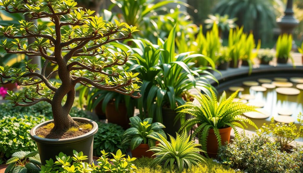 A meticulously detailed garden scene featuring a lush, verdant landscape with a variety of thriving potted plants and flowers. The foreground showcases a carefully pruned and manicured bonsai tree, its intricate branches and leaves glistening in the warm, natural sunlight. In the middle ground, a collection of vibrant, leafy houseplants are arranged neatly, their fronds cascading gracefully. The background depicts a serene outdoor setting, with a tranquil pond or water feature reflecting the surrounding greenery. The overall mood is one of peaceful, harmonious maintenance, evoking a sense of nurturing care and attention to detail that would appeal to a Brazilian audience.