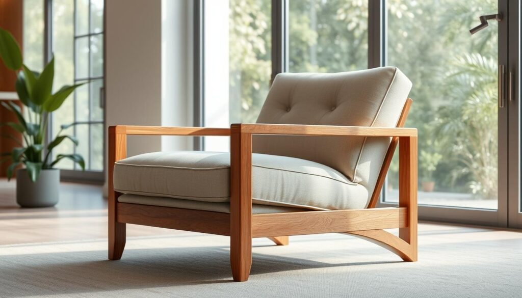 A minimalist, modern, and inviting poltrona (armchair) with clean lines and a sleek, low-profile design. The chair is crafted from high-quality Brazilian hardwood, featuring a smooth, natural grain texture. The upholstery is a soft, neutral-toned fabric that blends seamlessly into the environment, creating a harmonious and calming atmosphere. Positioned in a bright, airy room with large windows that allow natural light to flood the space, the poltrona is the centerpiece, effortlessly transforming the ambiance. Captured from a slightly elevated angle, the image showcases the chair's minimalist elegance and how it can elevate the aesthetics of any Brazilian living space.