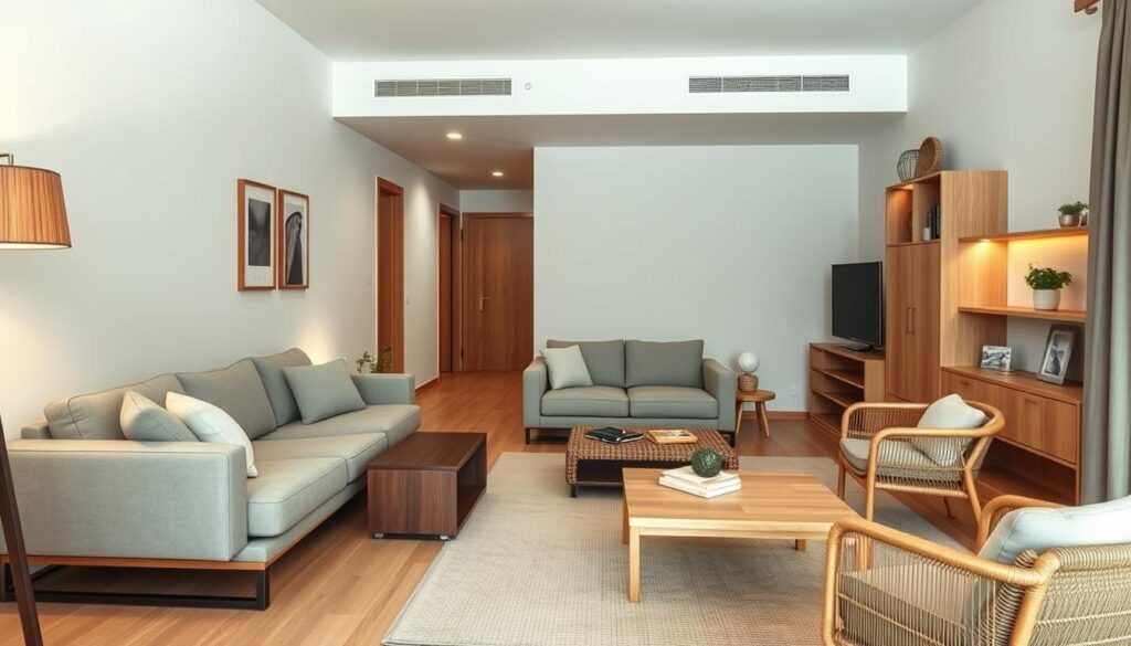A minimalist, multifunctional living room furniture set in a warm, cozy Brazilian home. Sleek, modular sofas and coffee tables that double as storage, complemented by a transformative dining table that extends to accommodate guests. Natural textures like wood and rattan add warmth, while clever built-in shelving maximizes the limited space. Soft, ambient lighting casts a welcoming glow, creating an inviting atmosphere for relaxation and entertaining. The scene exudes a sense of effortless functionality, perfectly suited for a compact urban apartment. A minimalist, multifunctional living room furniture set in a warm, cozy Brazilian home. Sleek, modular sofas and coffee tables that double as storage, complemented by a transformative dining table that extends to accommodate guests. Natural textures like wood and rattan add warmth, while clever built-in shelving maximizes the limited space. Soft, ambient lighting casts a welcoming glow, creating an inviting atmosphere for relaxation and entertaining. The scene exudes a sense of effortless functionality, perfectly suited for a compact urban apartment.