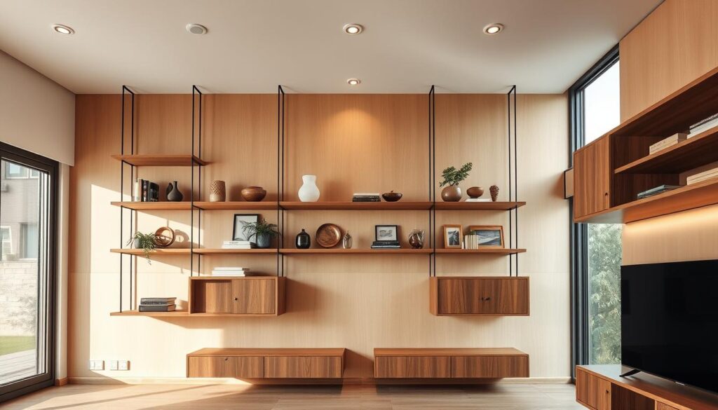 A modern, minimalist living room with suspended wooden shelves and cabinets floating effortlessly against a warm, neutral-toned wall. The shelves display an artful arrangement of decorative objects, plants, and carefully curated books, creating a harmonious and visually-appealing composition. Soft, diffused lighting from recessed ceiling fixtures casts a cozy, inviting glow, while large windows allow natural light to stream in, highlighting the natural wood tones and adding depth to the space. The floor is left uncluttered, giving an airy, open feel that maximizes the room's limited square footage. The overall aesthetic is one of simplicity, functionality, and sophisticated Brazilian style. A modern, minimalist living room with suspended wooden shelves and cabinets floating effortlessly against a warm, neutral-toned wall. The shelves display an artful arrangement of decorative objects, plants, and carefully curated books, creating a harmonious and visually-appealing composition. Soft, diffused lighting from recessed ceiling fixtures casts a cozy, inviting glow, while large windows allow natural light to stream in, highlighting the natural wood tones and adding depth to the space. The floor is left uncluttered, giving an airy, open feel that maximizes the room's limited square footage. The overall aesthetic is one of simplicity, functionality, and sophisticated Brazilian style.