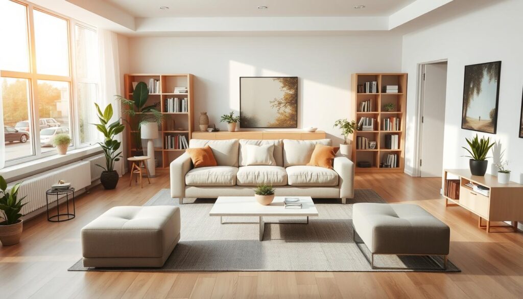 A modern, well-lit living room with a clear, defined layout. A large, plush sofa in a neutral tone sits prominently in the center, flanked by sleek side tables and a low, minimalist coffee table. Bookcases and potted plants line the walls, creating a sense of balance and organization. The room is bathed in warm, natural light filtering through large windows, casting a cozy glow over the carefully curated furnishings. The overall atmosphere is one of calm, sophisticated planning, emphasizing the thoughtful consideration of space and flow. A modern, well-lit living room with a clear, defined layout. A large, plush sofa in a neutral tone sits prominently in the center, flanked by sleek side tables and a low, minimalist coffee table. Bookcases and potted plants line the walls, creating a sense of balance and organization. The room is bathed in warm, natural light filtering through large windows, casting a cozy glow over the carefully curated furnishings. The overall atmosphere is one of calm, sophisticated planning, emphasizing the thoughtful consideration of space and flow.