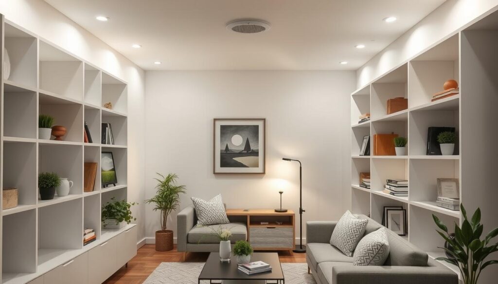 A neatly organized small living room with efficient vertical storage solutions. The space features tall shelving units lining the walls, maximizing available vertical space. Sleek and minimalist design aesthetic, with a neutral color palette of whites, grays, and natural wood tones. Carefully curated decor elements, including potted plants and framed artwork, create a sense of balance and harmony. Soft, diffused lighting from recessed ceiling fixtures and a floor lamp casts a warm, welcoming glow. The room conveys a cozy, functional, and visually appealing atmosphere, demonstrating how vertical organization can transform a compact space. A neatly organized small living room with efficient vertical storage solutions. The space features tall shelving units lining the walls, maximizing available vertical space. Sleek and minimalist design aesthetic, with a neutral color palette of whites, grays, and natural wood tones. Carefully curated decor elements, including potted plants and framed artwork, create a sense of balance and harmony. Soft, diffused lighting from recessed ceiling fixtures and a floor lamp casts a warm, welcoming glow. The room conveys a cozy, functional, and visually appealing atmosphere, demonstrating how vertical organization can transform a compact space.