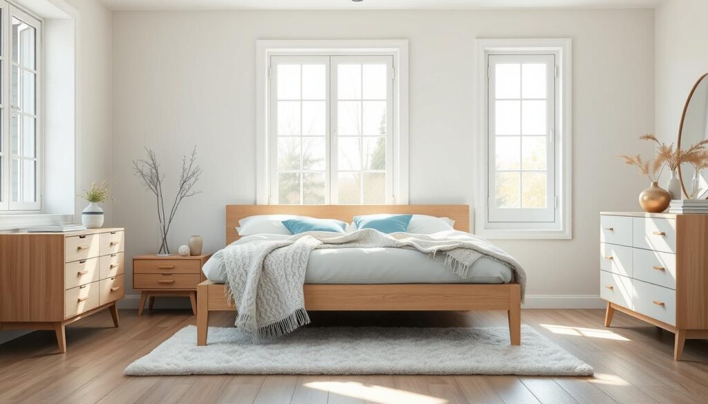 A serene and minimalist Scandinavian-inspired bedroom, bathed in warm natural light streaming through large windows. The room features a clean-lined, light-colored wooden bed frame complemented by soft, neutral-toned linens. Accents of pale blue and green add subtle pops of color, while a cozy knit blanket and plush rug lend a sense of hygge. Sleek, mid-century modern nightstands and a simple, yet elegant dresser complete the space, creating a harmonious, tranquil atmosphere perfect for relaxation. A serene and minimalist Scandinavian-inspired bedroom, bathed in warm natural light streaming through large windows. The room features a clean-lined, light-colored wooden bed frame complemented by soft, neutral-toned linens. Accents of pale blue and green add subtle pops of color, while a cozy knit blanket and plush rug lend a sense of hygge. Sleek, mid-century modern nightstands and a simple, yet elegant dresser complete the space, creating a harmonious, tranquil atmosphere perfect for relaxation.