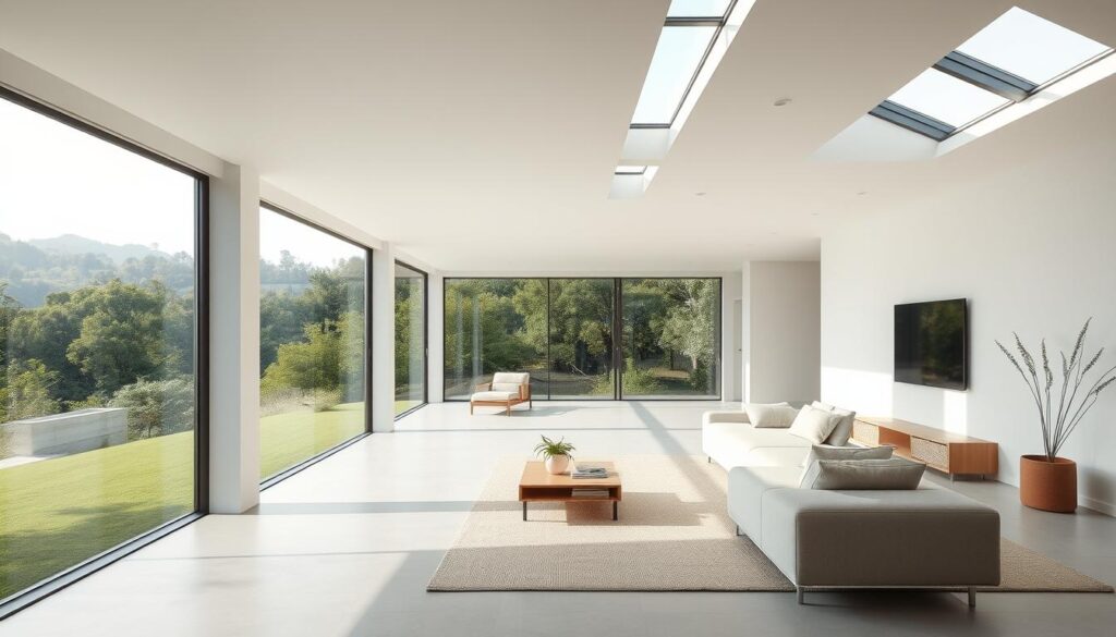 Um cenário sereno e tranquilo de uma casa moderna e minimalista, banhada por uma luz natural suave. A arquitetura se integra perfeitamente à paisagem exuberante e verdejante, criando uma conexão harmoniosa entre o ambiente construído e a natureza. Linhas limpas, espaços abertos e mobiliário cuidadosamente selecionado evocam uma sensação de calma e bem-estar. O layout e o design dos cômodos são cuidadosamente elaborados para aprimorar as experiências cognitivas e emocionais dos ocupantes, refletindo os princípios da neuroarquitetura. Texturas sutis, cores suaves e janelas e claraboias estrategicamente posicionadas trabalham juntas para promover relaxamento, foco e saúde mental e física em geral. O cenário transmite uma sensação de equilíbrio, harmonia e o profundo impacto que um projeto arquitetônico intencional pode ter no bem-estar humano.
