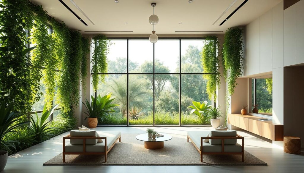 Um design de interiores sereno e biofílico que apresenta uma fusão harmoniosa de natureza e arquitetura moderna. Uma parede verdejante e exuberante se estende por um ambiente minimalista e iluminado, com sua folhagem exuberante projetando sombras suaves e salpicadas. Móveis elegantes e de linhas retas e detalhes em madeira natural criam um ambiente tranquilo e orgânico. Grandes janelas panorâmicas oferecem vistas deslumbrantes de um jardim exuberante e próspero do lado de fora, esbatendo os limites entre interior e exterior. A iluminação quente e difusa proveniente de luminárias suspensas realça a atmosfera relaxante e restauradora. O design geral exala uma sensação de calma, bem-estar e uma profunda conexão com o mundo natural.