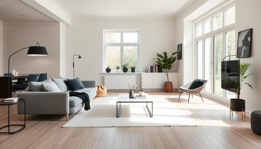 A serene, minimalist Scandinavian living room with pale wooden floors, a plush gray sofa, and a large window that fills the space with natural light. Accents of black, white, and soft greens add pops of color, while simple yet elegant lighting fixtures and a modern, low-profile coffee table complete the effortlessly chic aesthetic. The room exudes a sense of calm and understated sophistication, perfectly capturing the essence of Scandinavian design. A serene, minimalist Scandinavian living room with pale wooden floors, a plush gray sofa, and a large window that fills the space with natural light. Accents of black, white, and soft greens add pops of color, while simple yet elegant lighting fixtures and a modern, low-profile coffee table complete the effortlessly chic aesthetic. The room exudes a sense of calm and understated sophistication, perfectly capturing the essence of Scandinavian design.