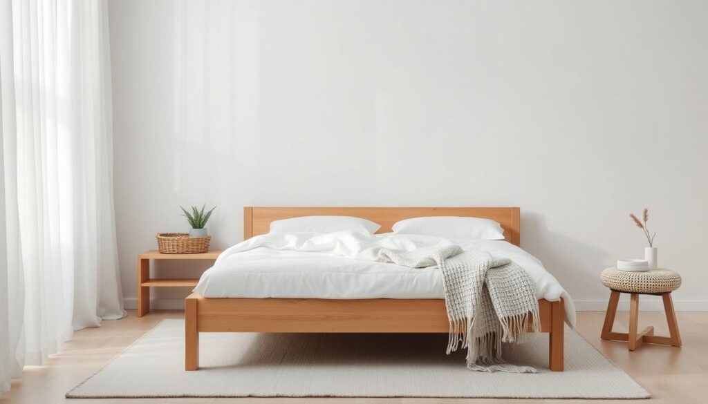 A serene, minimalist Scandinavian-style bedroom with a wooden bed frame, crisp white linens, and subtle natural accents. Soft, diffused natural light filters through sheer curtains, casting a warm, calming glow. Sleek, muted tones of gray, white, and blonde wood create a harmonious, uncluttered aesthetic. Carefully placed decorative elements, such as a potted plant, a woven basket, and a cozy knitted throw, add subtle texture and interest. The overall atmosphere exudes a sense of tranquility, comfort, and refined Scandinavian design.