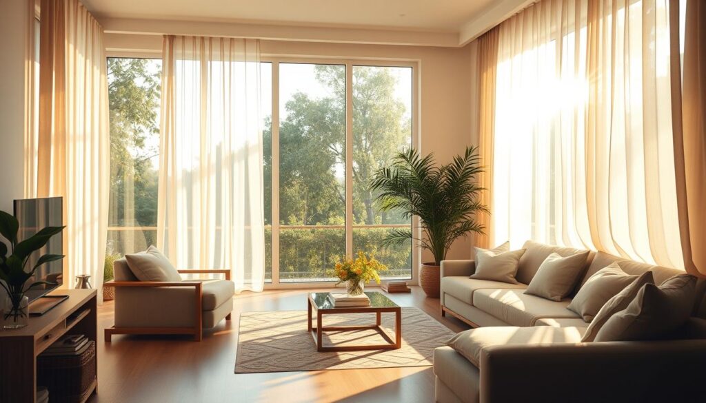 Uma sala de estar serena e ensolarada, com amplas janelas que inundam o espaço com luz natural e acolhedora. A iluminação suave e difusa cria um brilho suave, criando uma atmosfera relaxante e produtiva. O ambiente apresenta móveis e decoração minimalistas e clean, com texturas naturais como madeira e linho, transmitindo uma sensação de tranquilidade e foco. A luz do sol filtra-se através de cortinas transparentes, criando padrões intrincados nas paredes e no piso. O clima geral é de calma, clareza e bem-estar mental aprimorado, perfeitamente adequado às necessidades do público brasileiro.