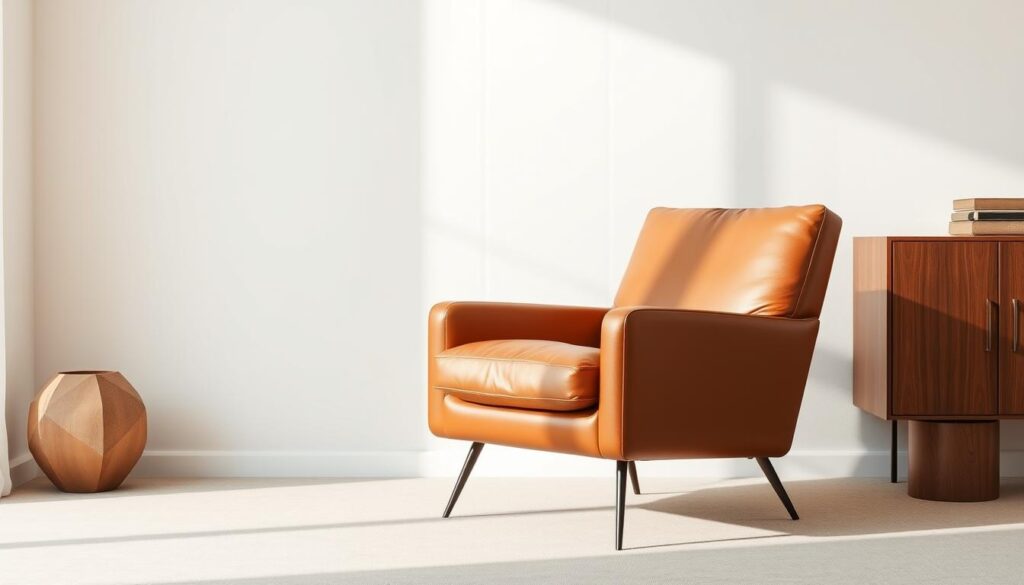 A sleek and modern leather armchair, known as a "poltrona couro," stands proudly in a minimalist living space. The chair's supple, high-quality leather in a rich, warm tone gently reflects the soft, diffused lighting, creating a cozy and inviting atmosphere. The chair's clean lines and simple silhouette are the epitome of Brazilian minimalism, seamlessly blending form and function. The armchair is positioned against a neutral, uncluttered backdrop, allowing its elegant design to take center stage. The scene exudes a sense of sophisticated, yet approachable, style that would captivate any Brazilian homeowner seeking to transform their living space.