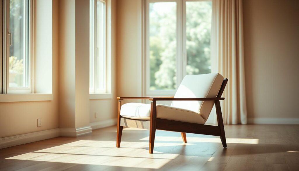 A sleek, minimalist armchair stands elegantly in a warm, sun-drenched room. The frame, crafted from rich, dark wood, supports a plush, cream-colored cushion that invites the sitter to sink into its comfort. Soft, natural light filters through large windows, casting a gentle glow on the chair's clean lines and understated design. The room's neutral palette and uncluttered aesthetic create a sense of tranquility and relaxation, perfectly encapsulating the essence of modern Brazilian living. The armchair's refined silhouette and premium materials evoke a timeless sophistication, seamlessly blending tradition and contemporary style.