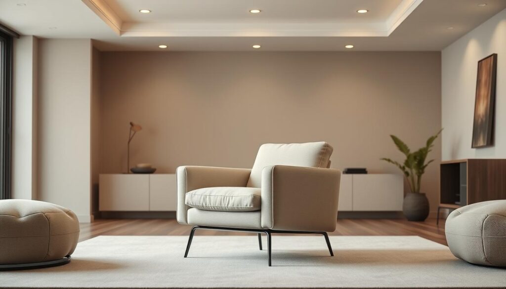 Uma poltrona elegante, moderna e convidativa está presente em uma sala de estar minimalista. As linhas retas e o tom neutro da cadeira combinam perfeitamente com a decoração do ambiente, criando uma atmosfera harmoniosa e relaxante. A iluminação suave e difusa das luminárias suspensas ilumina suavemente o ambiente, destacando o estofamento premium e o design elegante e confortável da cadeira. A cadeira é posicionada no centro da moldura, permitindo que o observador aprecie plenamente sua forma e o acabamento de alta qualidade. O fundo apresenta tons terrosos suaves e móveis simples e discretos, garantindo que a cadeira permaneça o ponto focal. Esta peça visualmente deslumbrante, porém prática, incorpora a essência do minimalismo brasileiro, perfeitamente adequada para transformar qualquer ambiente.