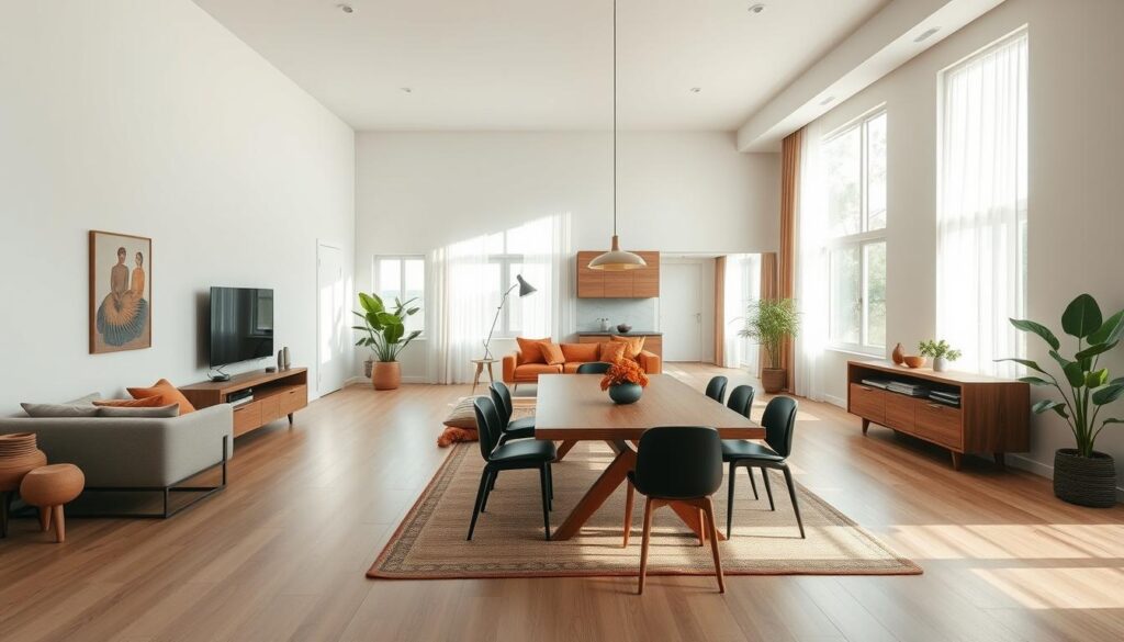A spacious living room with an open floor plan, featuring a cozy seating area and a dining table seamlessly integrated. Soft, natural lighting filters through large windows, creating a warm and inviting atmosphere. Earthy tones, such as terracotta and deep greens, complement the natural wood accents, reflecting a harmonious Brazilian design aesthetic. Minimal, yet stylish furniture pieces are strategically placed to maximize the available space, giving the impression of a cohesive and efficiently utilized room. The overall effect is a harmonious and functional integration of different living spaces, creating a visually appealing and practical solution for a small home. A spacious living room with an open floor plan, featuring a cozy seating area and a dining table seamlessly integrated. Soft, natural lighting filters through large windows, creating a warm and inviting atmosphere. Earthy tones, such as terracotta and deep greens, complement the natural wood accents, reflecting a harmonious Brazilian design aesthetic. Minimal, yet stylish furniture pieces are strategically placed to maximize the available space, giving the impression of a cohesive and efficiently utilized room. The overall effect is a harmonious and functional integration of different living spaces, creating a visually appealing and practical solution for a small home.