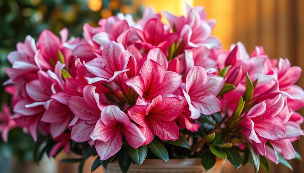 A vibrant and lush display of azalea flowers in full bloom, their delicate petals bursting with color against a warm, natural backdrop. The flowers take center stage, with their soft, velvety textures and rich hues of pink, red, and white. The scene is illuminated by soft, diffused lighting, casting a gentle glow that highlights the intricate details of the blooms. The arrangement is presented in a classic ceramic planter, complementing the organic beauty of the azaleas. The overall composition creates a sense of harmony and serenity, perfectly capturing the essence of this beloved Brazilian plant and its role in home decor.