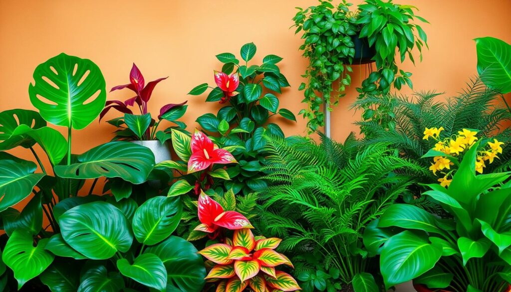 A vibrant array of popular Brazilian houseplants fill the frame, each specimen carefully positioned against a warm, earthy backdrop. The foreground showcases lush, verdant foliage in a variety of shapes and textures - from the broad, glossy leaves of the monstera deliciosa to the delicate, feathery fronds of the Boston fern. The middle ground introduces splashes of color, with the vibrant red blooms of the anthurium and the cheerful yellow flowers of the pothos cascading down. In the background, a muted, textured wall provides a natural, unobtrusive setting, allowing the plants to take center stage. Soft, diffused lighting gently illuminates the scene, highlighting the plants' rich tones and creating a warm, inviting atmosphere. The overall composition conveys a sense of harmony and beauty, perfectly capturing the essence of the Brazilian people's love for these popular houseplants.