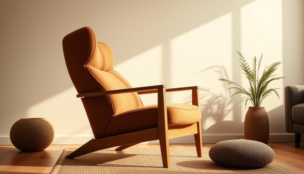 A well-crafted, Brazilian-inspired poltrona (armchair) stands prominently in a warm, softly lit living room. The piece features a sleek, minimalist design with clean lines and a sophisticated, natural wood frame. Plush, high-quality upholstery in a rich, earthy tone invites comfort and relaxation. Subtle textures and gentle shadows create depth and dimension, while diffused lighting casts a cozy, ambient glow. The poltrona is positioned to showcase its elegant silhouette, seamlessly blending form and function to embody the essence of Brazilian home design.